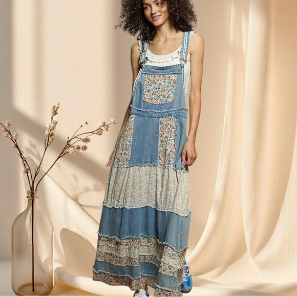 POL Dresses & Skirts - POL Denim Overall Maxi Dress | Patchwork Floral Lace